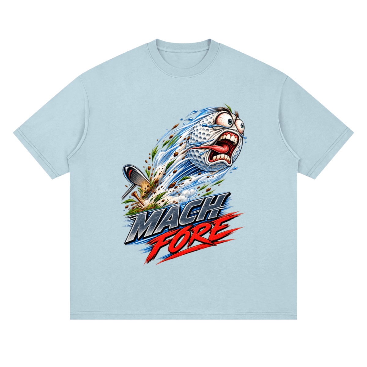 Pale blue Mach Fore drop-shoulder T-shirt, front view with a screaming cartoon golf ball with blue motion streaks and red and gray lettering.