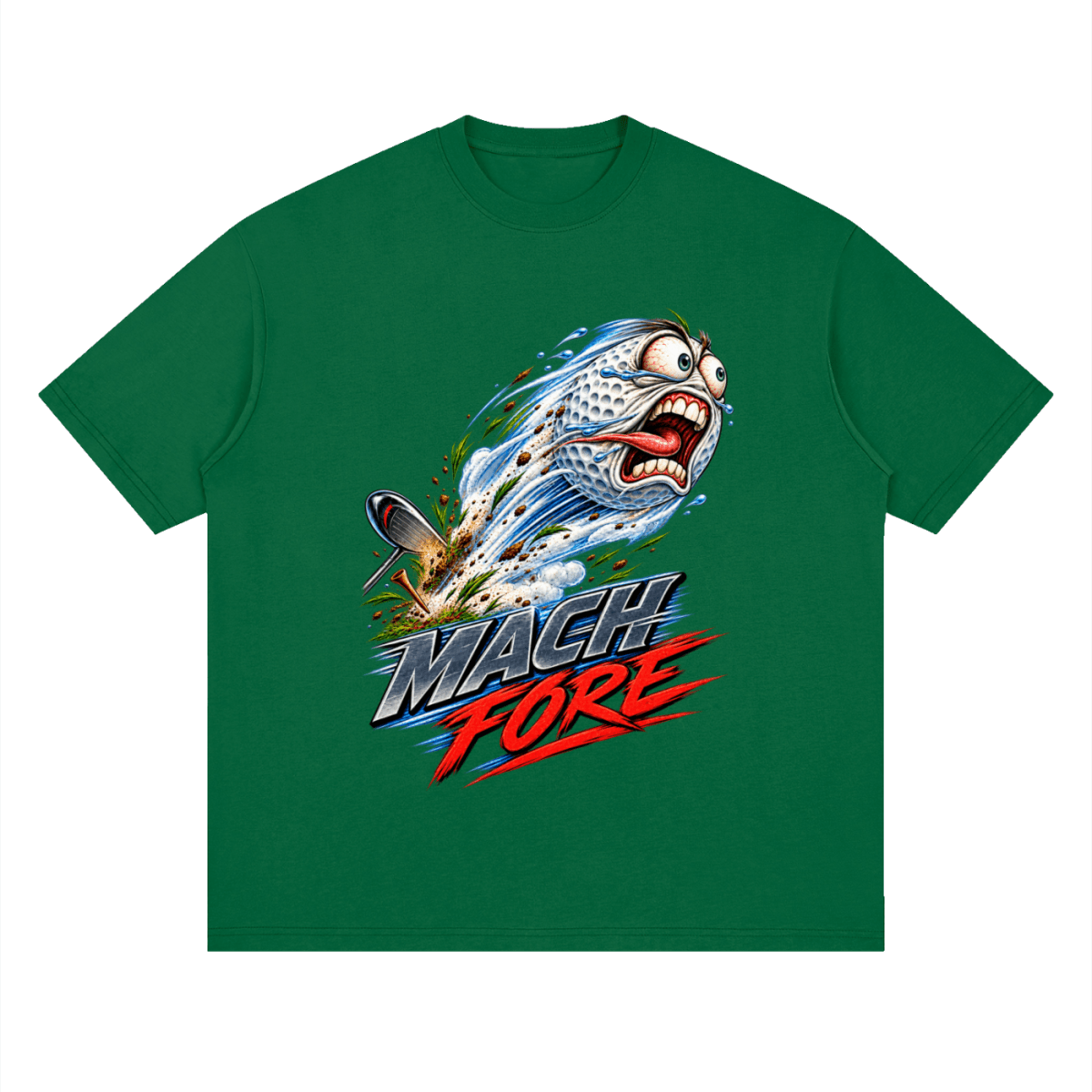 Green Mach Fore drop-shoulder T-shirt, front view with a screaming cartoon golf ball with blue motion streaks and red and gray lettering.