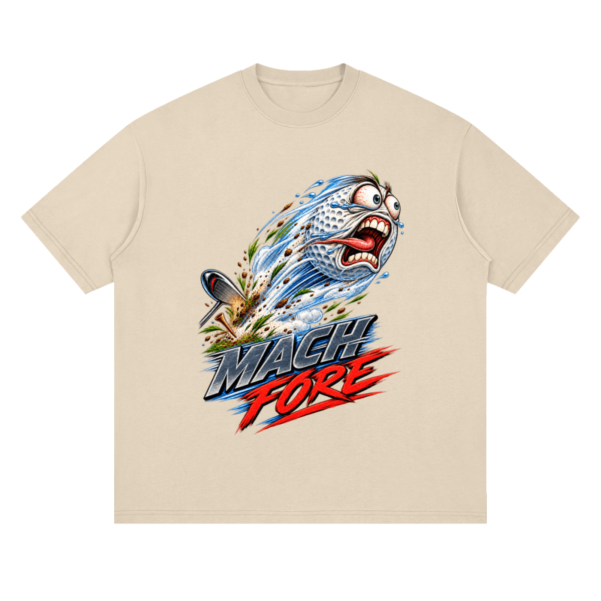 Cream Mach Fore drop-shoulder T-shirt, front view with a screaming cartoon golf ball with blue motion streaks and red and gray lettering.