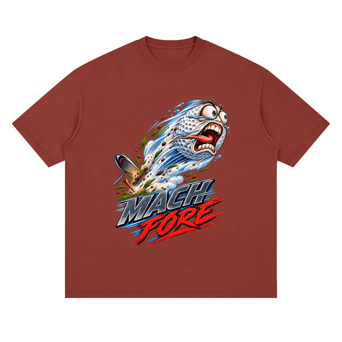 Rust red Mach Fore drop-shoulder T-shirt, front view with a screaming cartoon golf ball with blue motion streaks and red and gray lettering.