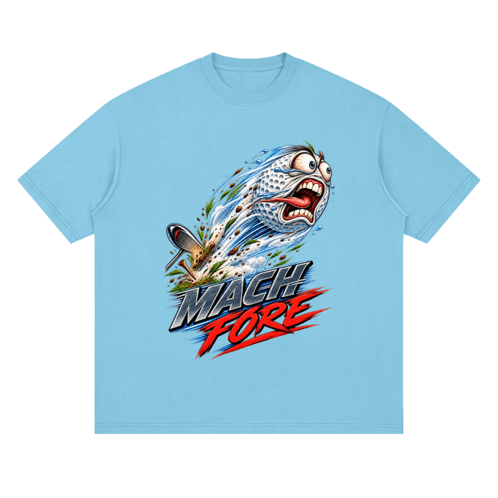 Bright blue Mach Fore drop-shoulder T-shirt, front view with a screaming cartoon golf ball with blue motion streaks and red and gray lettering.
