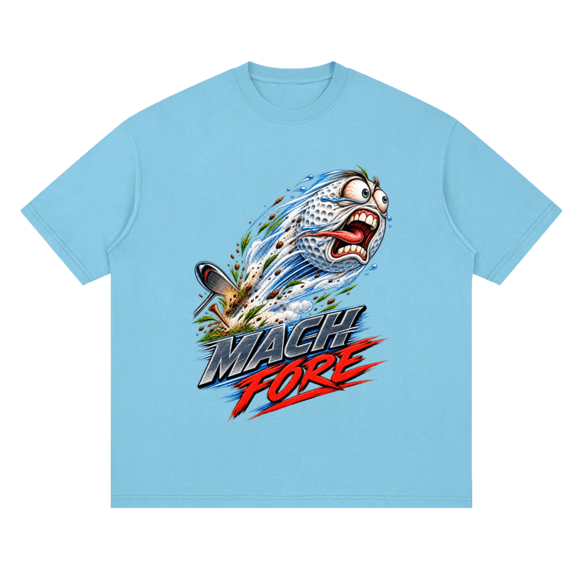 Bright blue Mach Fore drop-shoulder T-shirt, front view with a screaming cartoon golf ball with blue motion streaks and red and gray lettering.