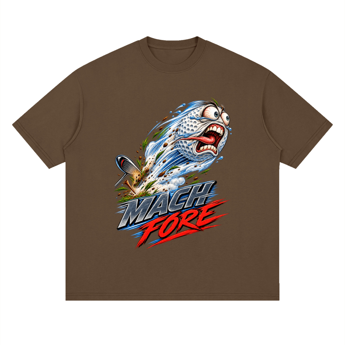 Brown Mach Fore drop-shoulder T-shirt, front view with a screaming cartoon golf ball with blue motion streaks and red and gray lettering.