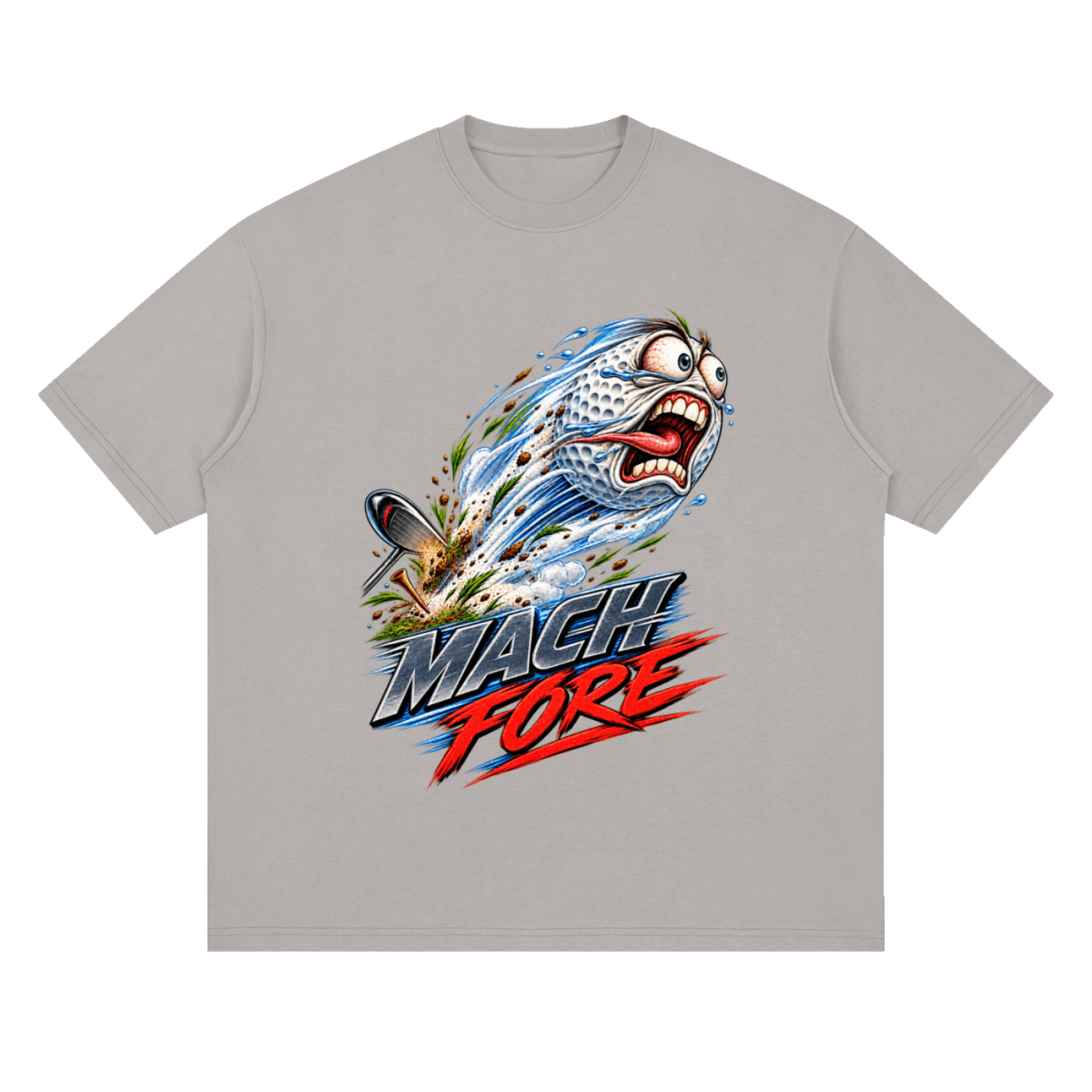 Light gray Mach Fore drop-shoulder T-shirt, front view with a screaming cartoon golf ball with blue motion streaks and red and gray lettering.