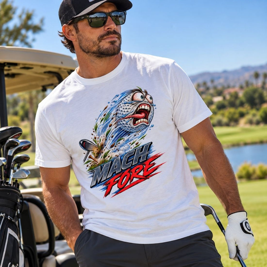 Model wearing a white Mach Fore drop-shoulder T-shirt, cap and sunglasses beside a golf cart.