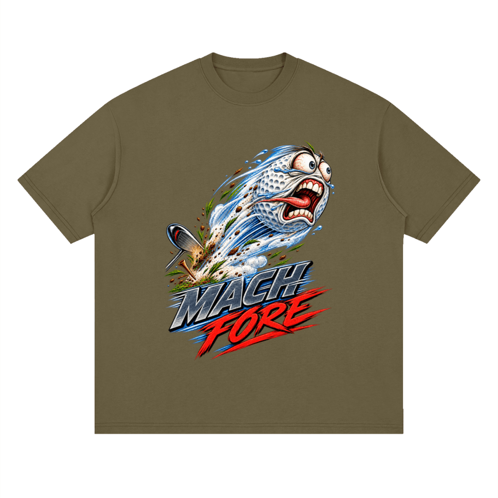 Olive brown Mach Fore drop-shoulder T-shirt, front view with a screaming cartoon golf ball with blue motion streaks and red and gray lettering.