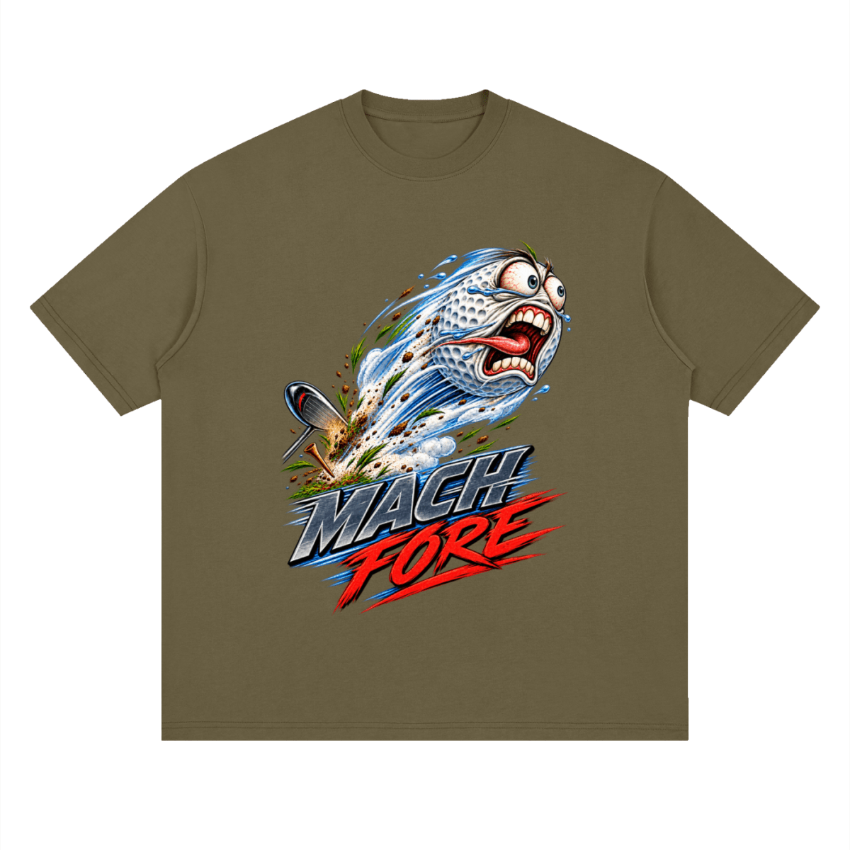 Olive brown Mach Fore drop-shoulder T-shirt, front view with a screaming cartoon golf ball with blue motion streaks and red and gray lettering.