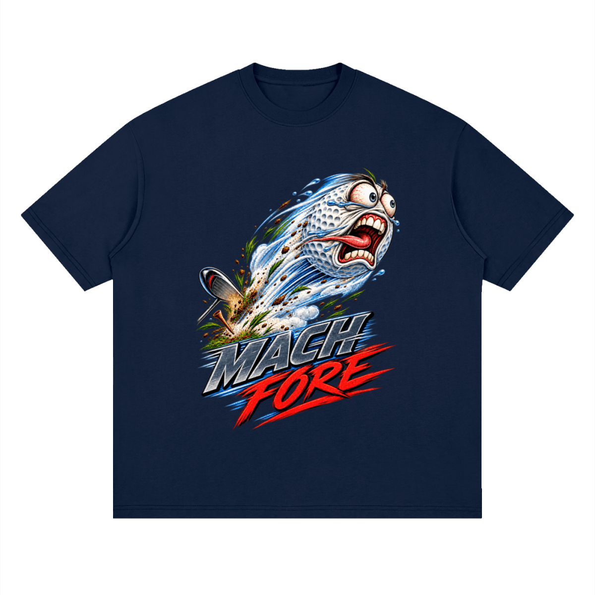 Navy blue Mach Fore drop-shoulder T-shirt, front view with a screaming cartoon golf ball with blue motion streaks and red and gray lettering.