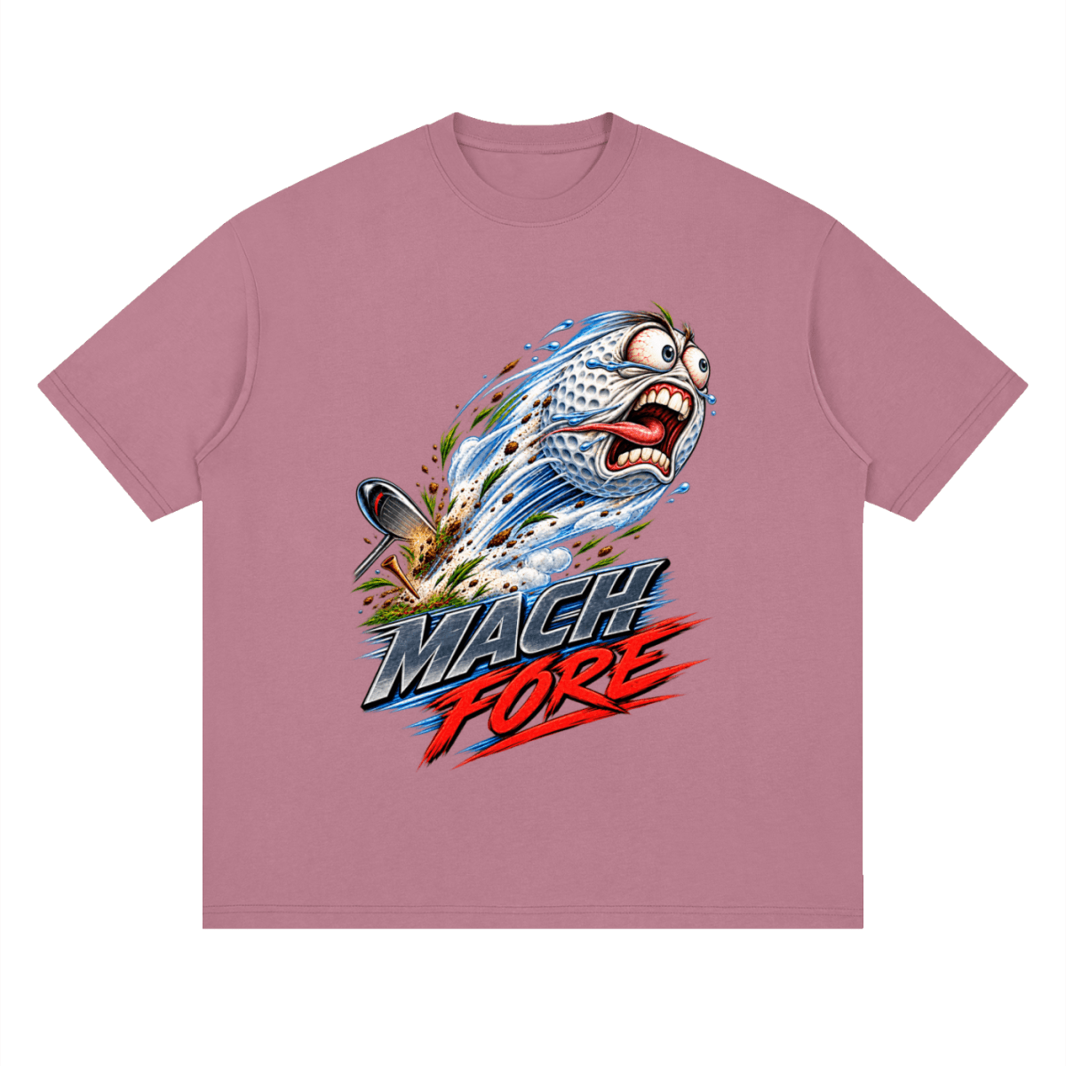 Dusty pink Mach Fore drop-shoulder T-shirt, front view with a screaming cartoon golf ball with blue motion streaks and red and gray lettering.