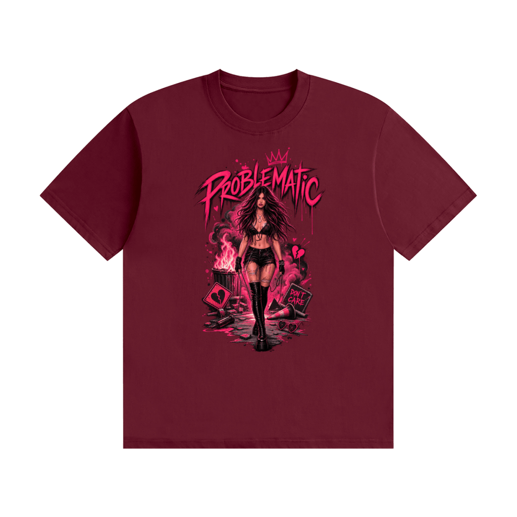 Burgundy cotton T-shirt, front view with a pink graphic of a woman in black boots beneath Problematic lettering.