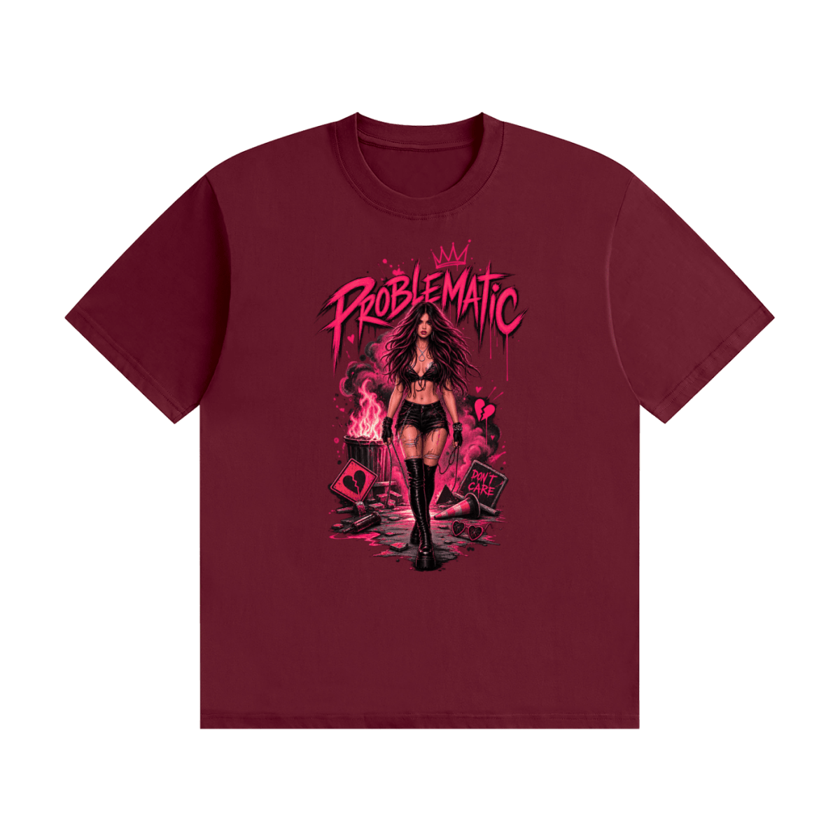 Burgundy cotton T-shirt, front view with a pink graphic of a woman in black boots beneath Problematic lettering.
