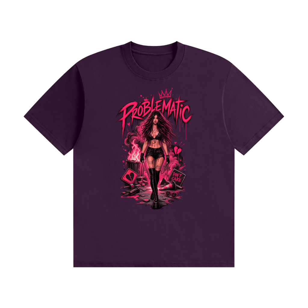 Purple cotton T-shirt, front view with a pink graphic of a woman in black boots beneath Problematic lettering.