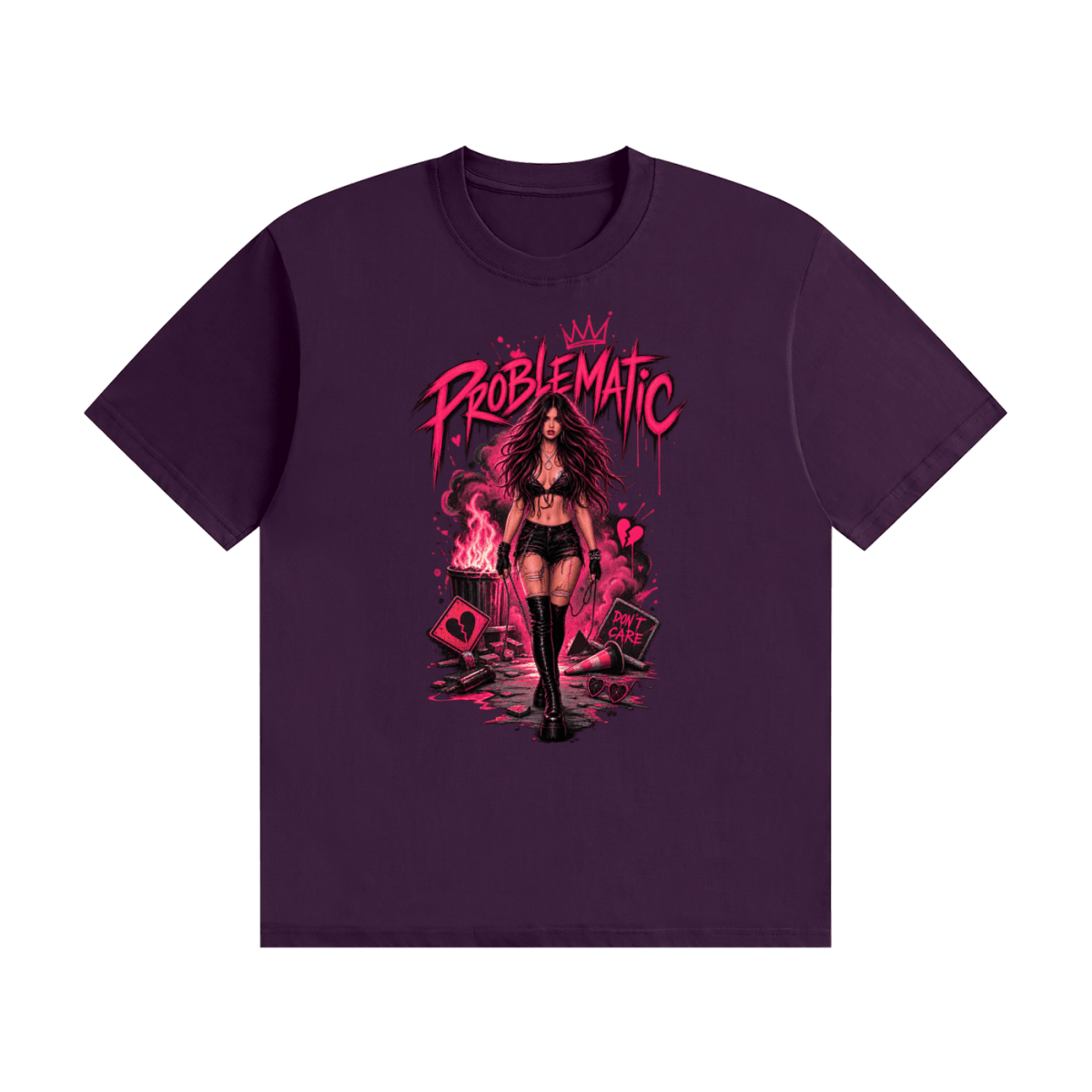 Purple cotton T-shirt, front view with a pink graphic of a woman in black boots beneath Problematic lettering.