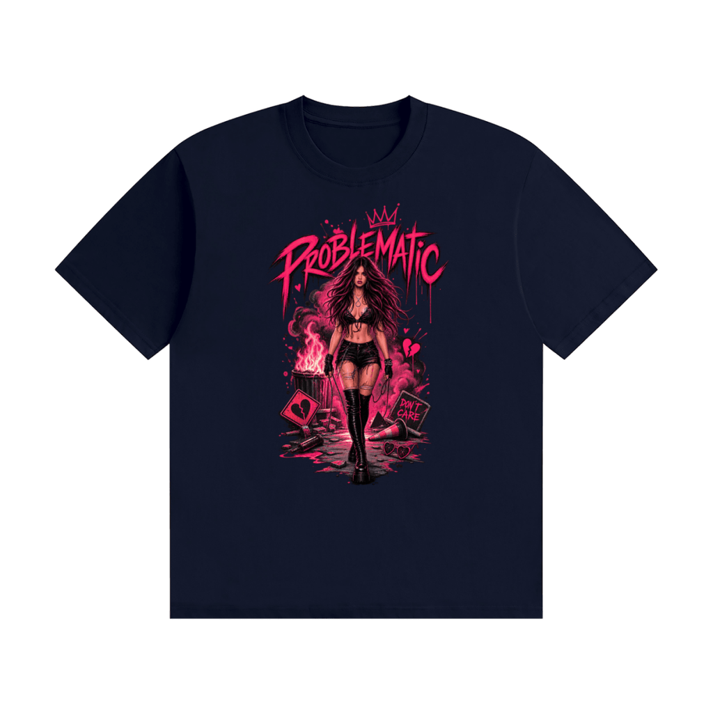 Navy blue cotton T-shirt, front view with a pink graphic of a woman in black boots beneath Problematic lettering.