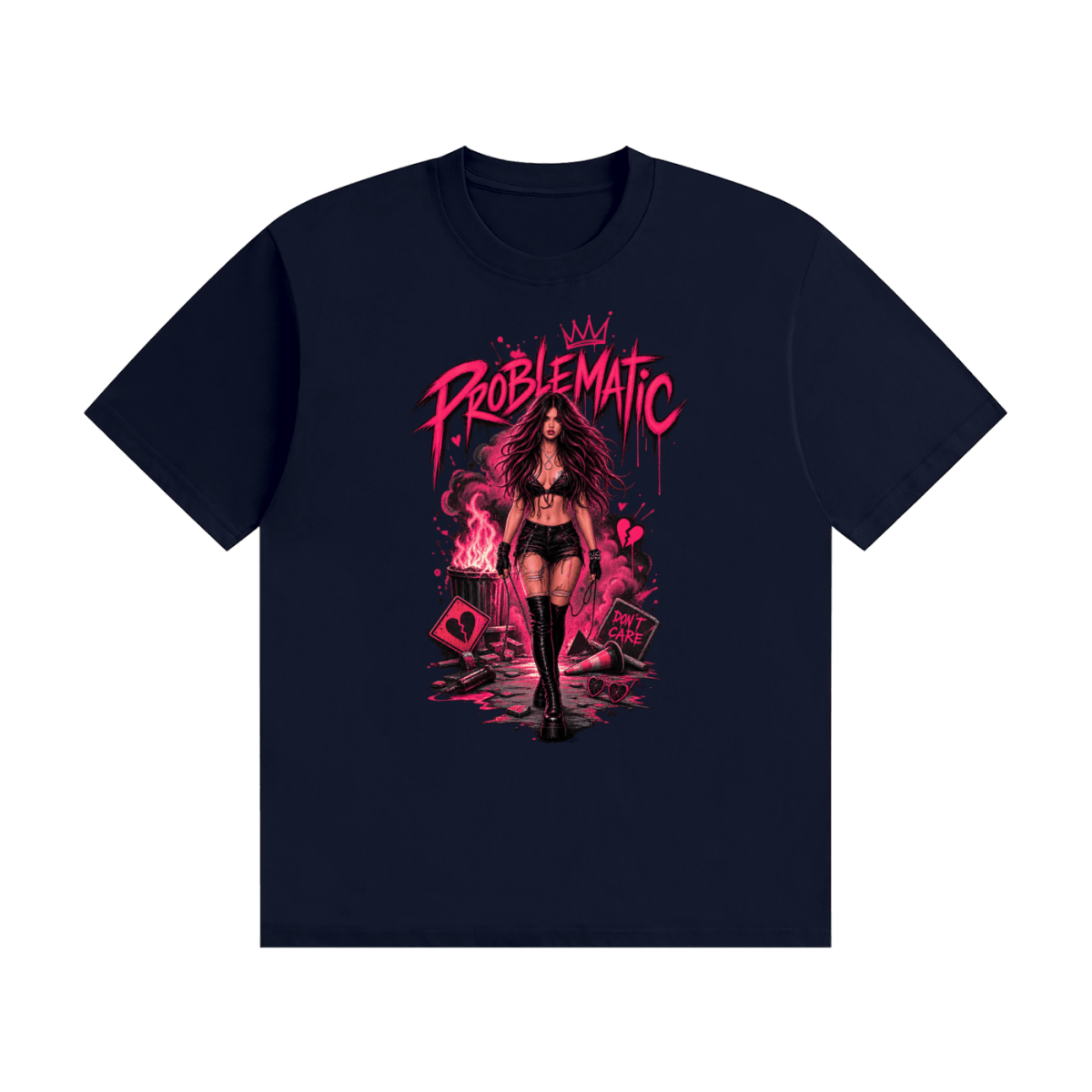 Navy blue cotton T-shirt, front view with a pink graphic of a woman in black boots beneath Problematic lettering.