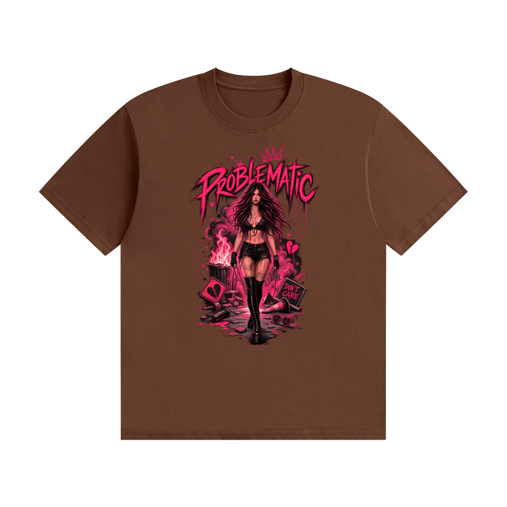 Brown cotton T-shirt, front view with a pink graphic of a woman in black boots beneath Problematic lettering.