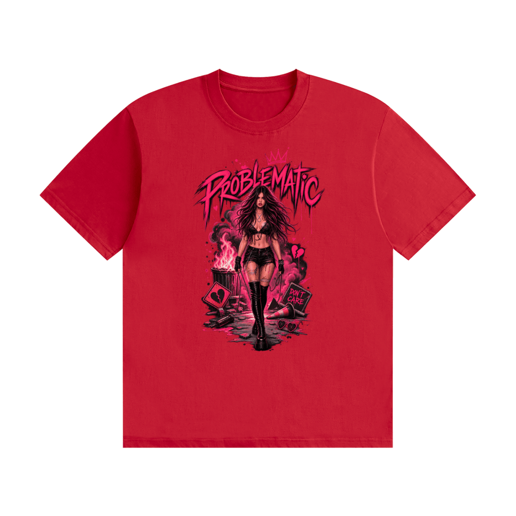 Red cotton T-shirt, front view with a pink graphic of a woman in black boots beneath Problematic lettering.