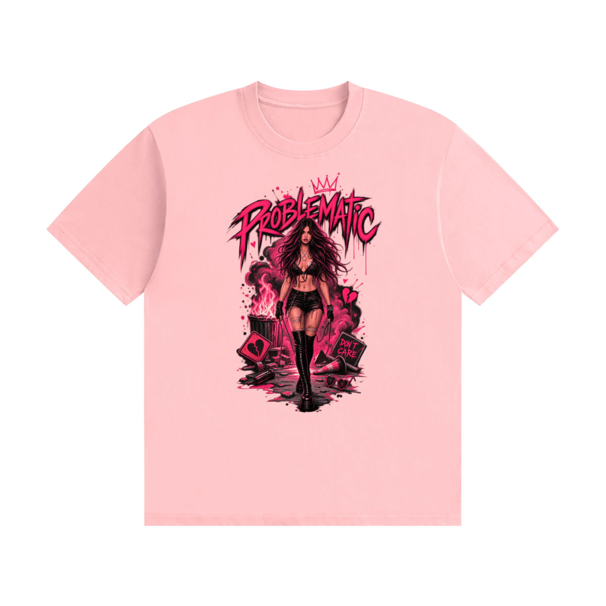 Pink cotton T-shirt, front view with a pink graphic of a woman in black boots beneath Problematic lettering.