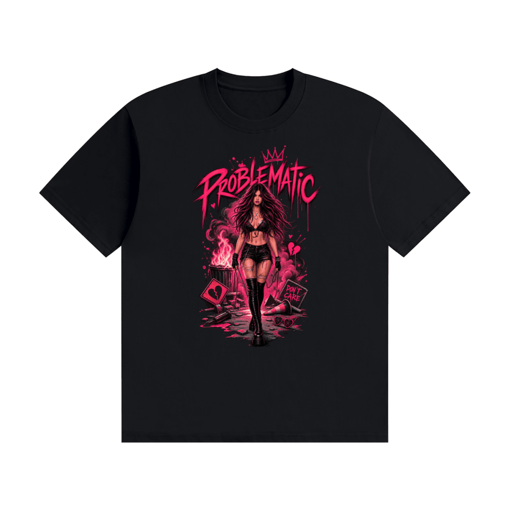 Black cotton T-shirt, front view with a pink graphic of a woman in black boots beneath Problematic lettering.