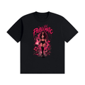 Black cotton T-shirt, front view with a pink graphic of a woman in black boots beneath Problematic lettering.