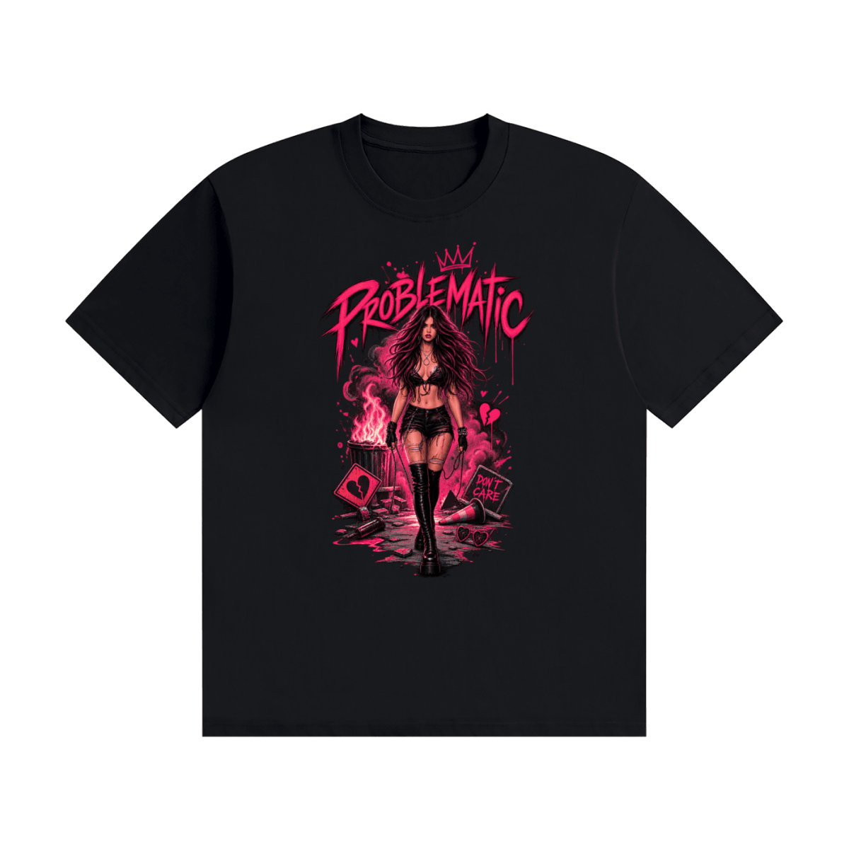 Black cotton T-shirt, front view with a pink graphic of a woman in black boots beneath Problematic lettering.