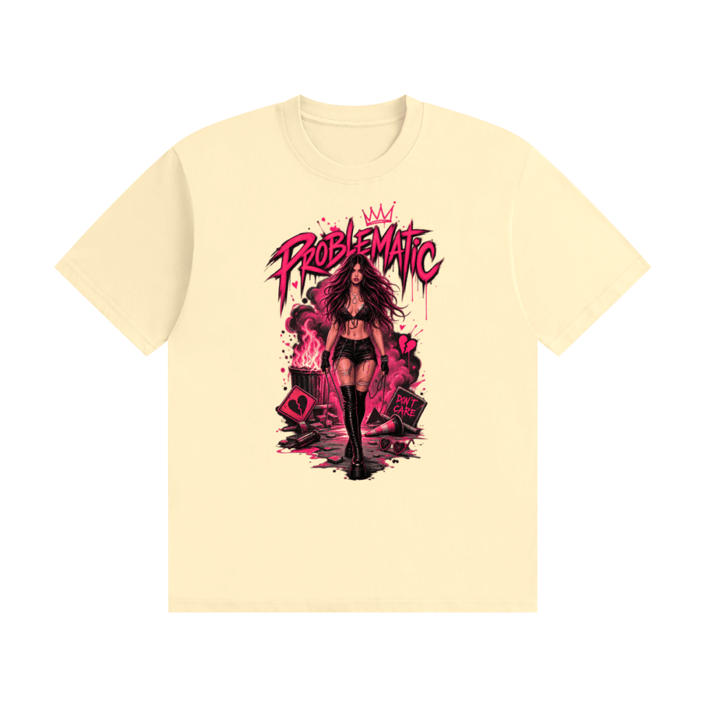 Cream cotton T-shirt, front view with a pink graphic of a woman in black boots beneath Problematic lettering.