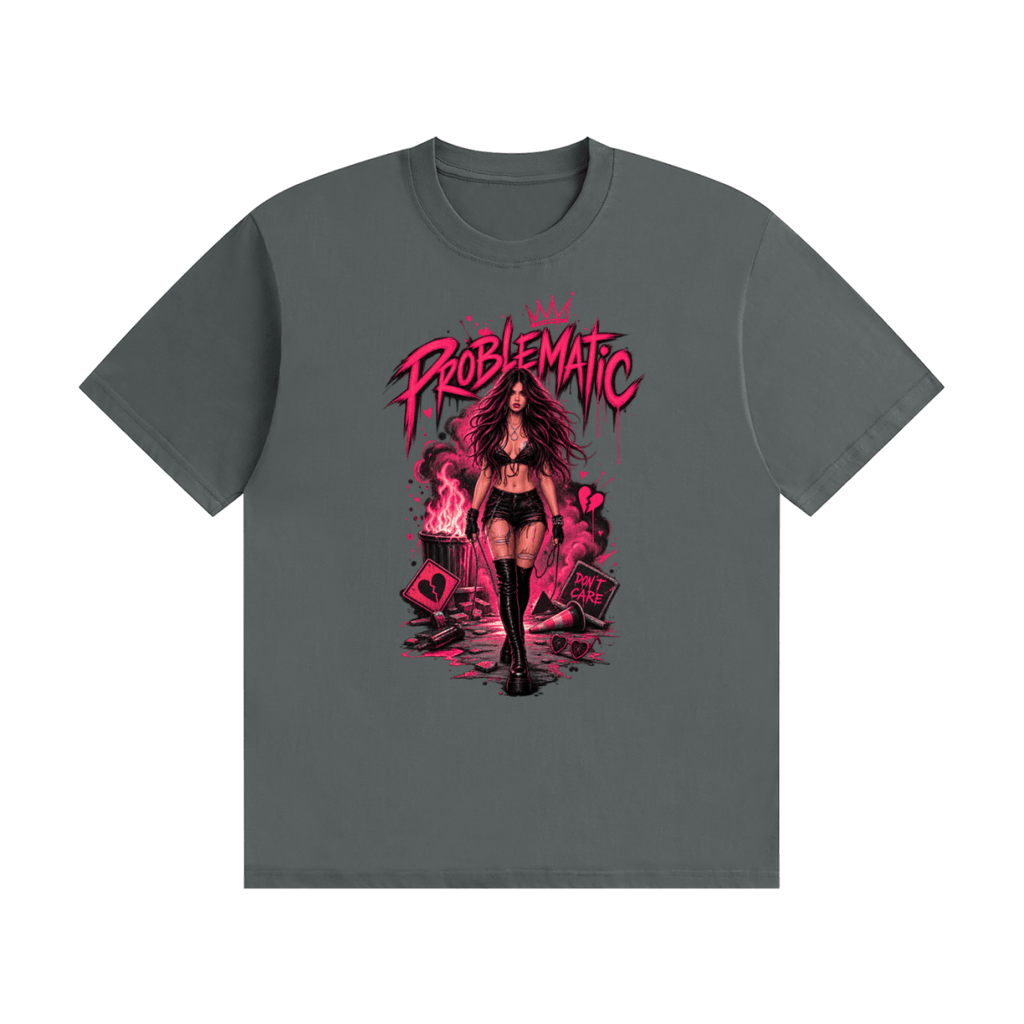 Dark gray cotton T-shirt, front view with a pink graphic of a woman in black boots beneath Problematic lettering.