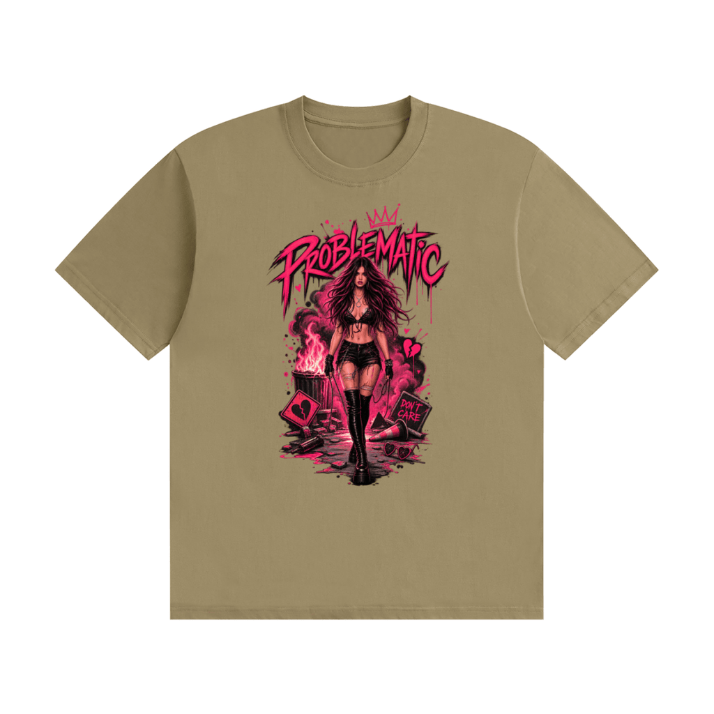 Khaki cotton T-shirt, front view with a pink graphic of a woman in black boots beneath Problematic lettering.
