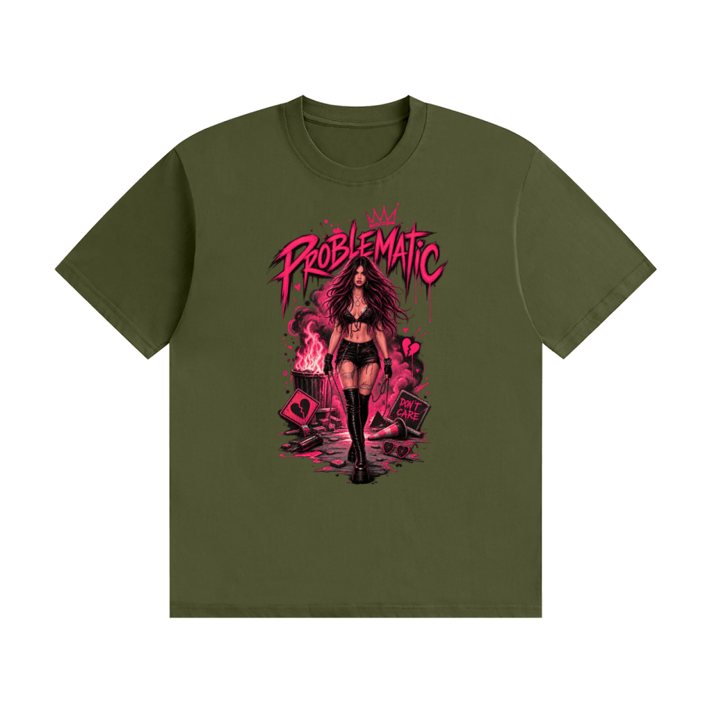 Olive green cotton T-shirt, front view with a pink graphic of a woman in black boots beneath Problematic lettering.