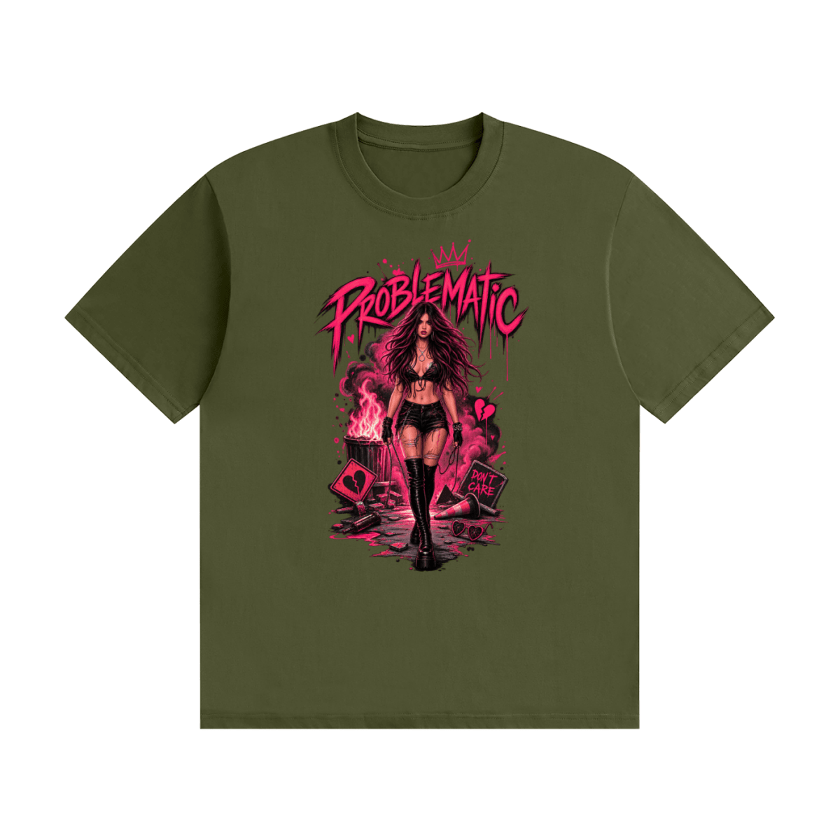 Olive green cotton T-shirt, front view with a pink graphic of a woman in black boots beneath Problematic lettering.