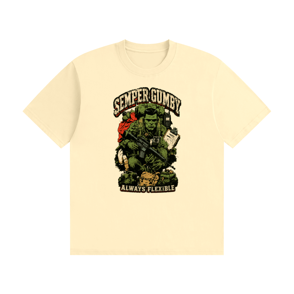 Cream cotton T-shirt, front view with a green soldier, military gear and Semper Gumby Always Flexible lettering.