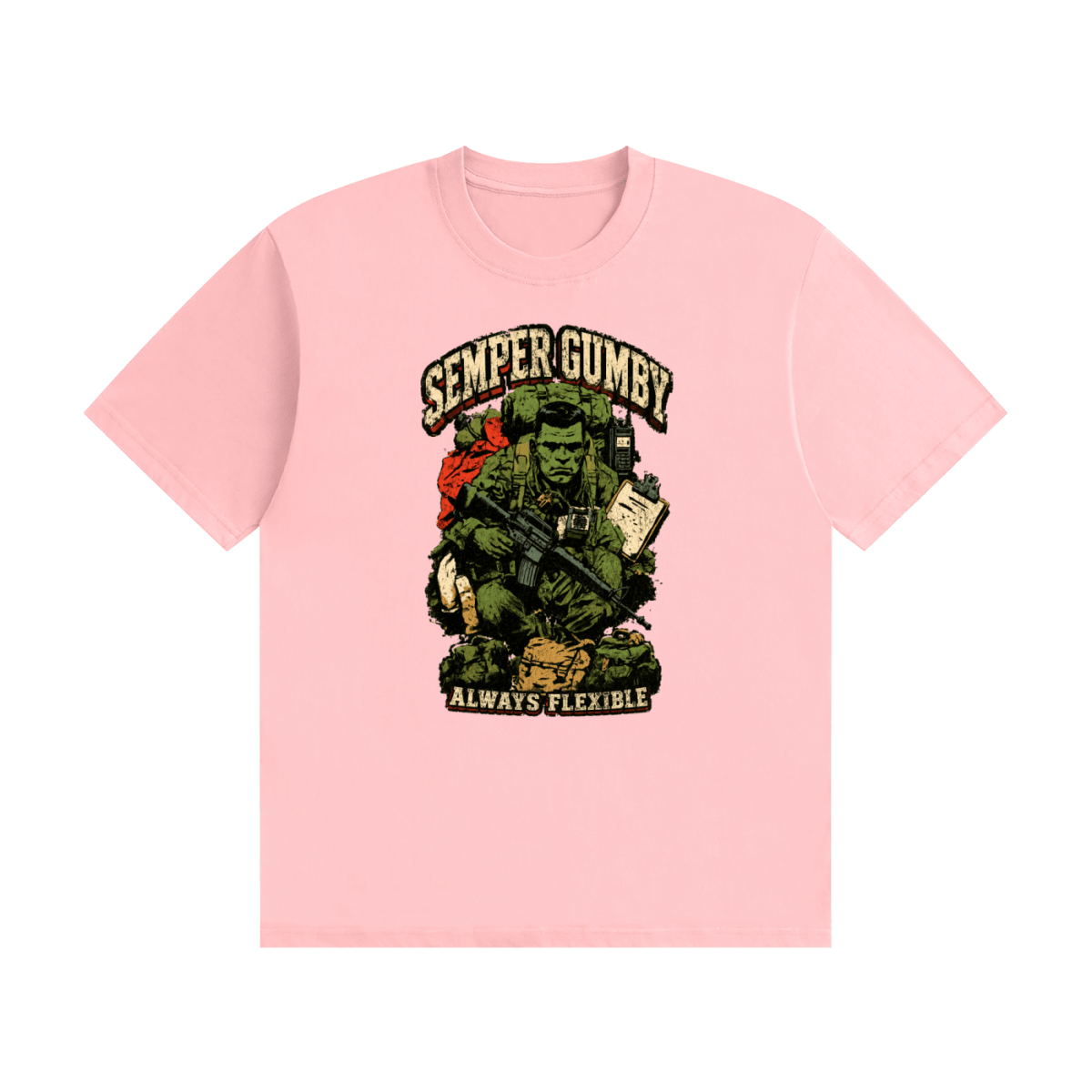 Pink cotton T-shirt, front view with a green soldier, military gear and Semper Gumby Always Flexible lettering.