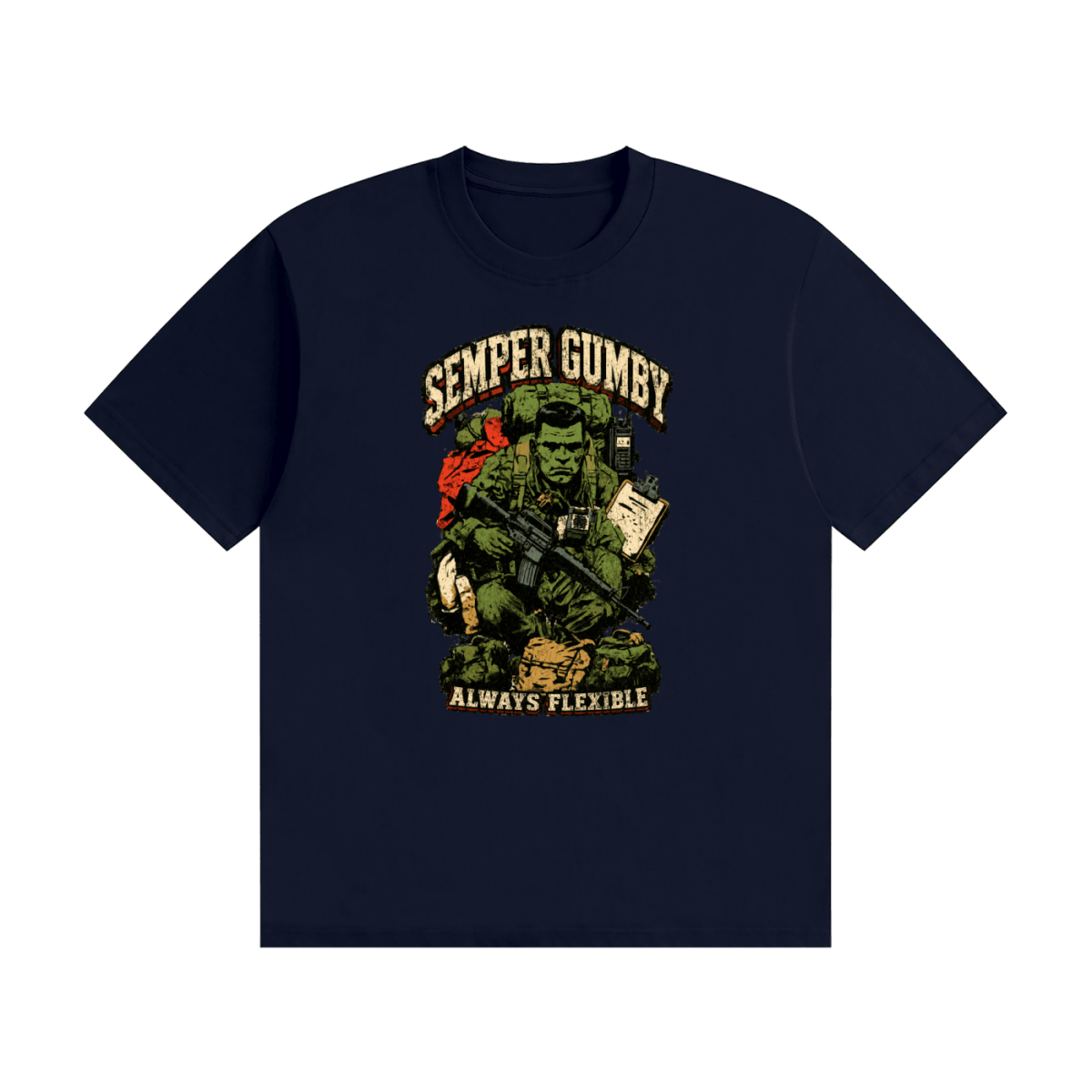 Navy blue cotton T-shirt, front view with a green soldier, military gear and Semper Gumby Always Flexible lettering.