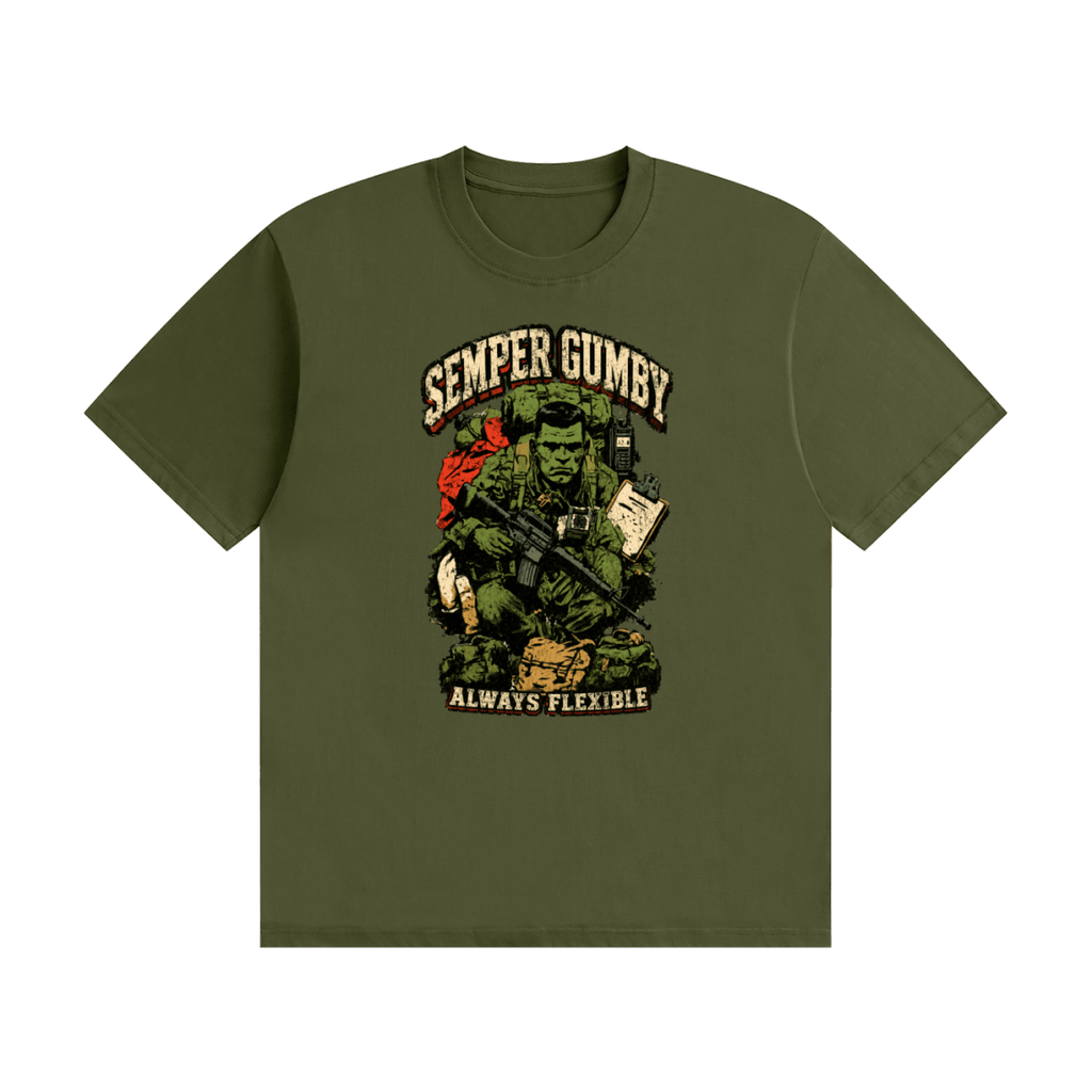 Olive green cotton T-shirt, front view with a green soldier, military gear and Semper Gumby Always Flexible lettering.