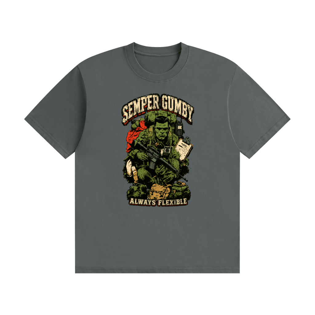 Dark gray cotton T-shirt, front view with a green soldier, military gear and Semper Gumby Always Flexible lettering.