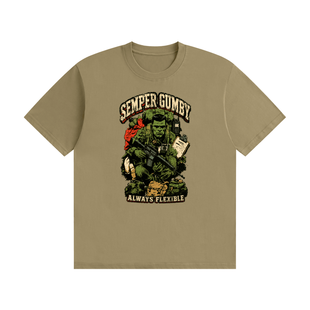 Khaki cotton T-shirt, front view with a green soldier, military gear and Semper Gumby Always Flexible lettering.