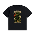 Black cotton T-shirt, front view with a green soldier, military gear and Semper Gumby Always Flexible lettering.