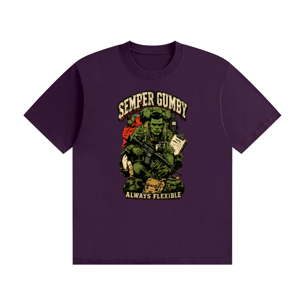 Purple cotton T-shirt, front view with a green soldier, military gear and Semper Gumby Always Flexible lettering.