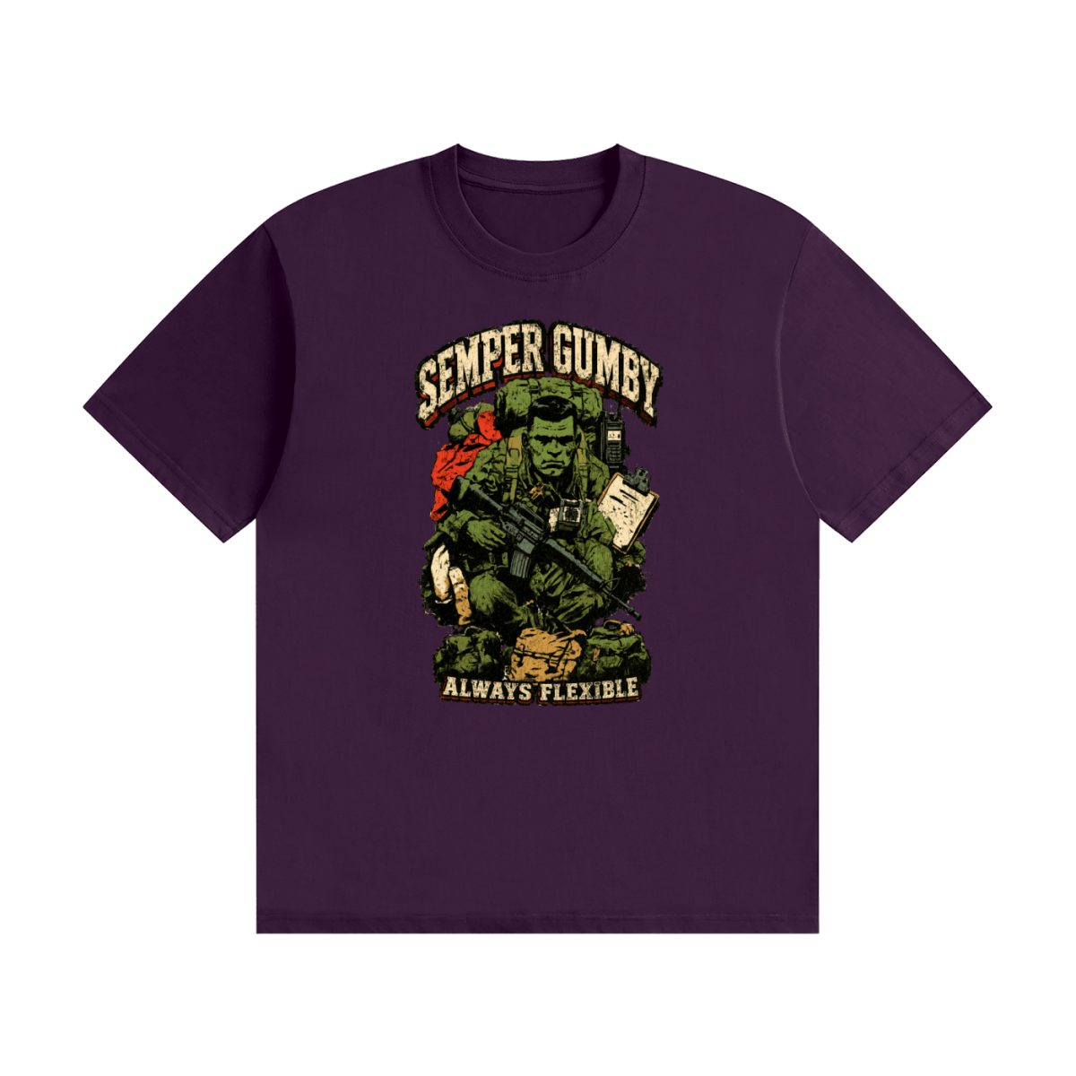 Purple cotton T-shirt, front view with a green soldier, military gear and Semper Gumby Always Flexible lettering.