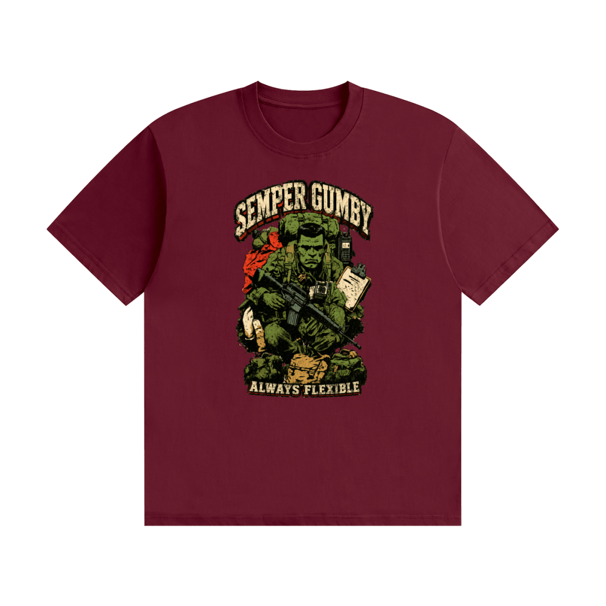 Burgundy cotton T-shirt, front view with a green soldier, military gear and Semper Gumby Always Flexible lettering.