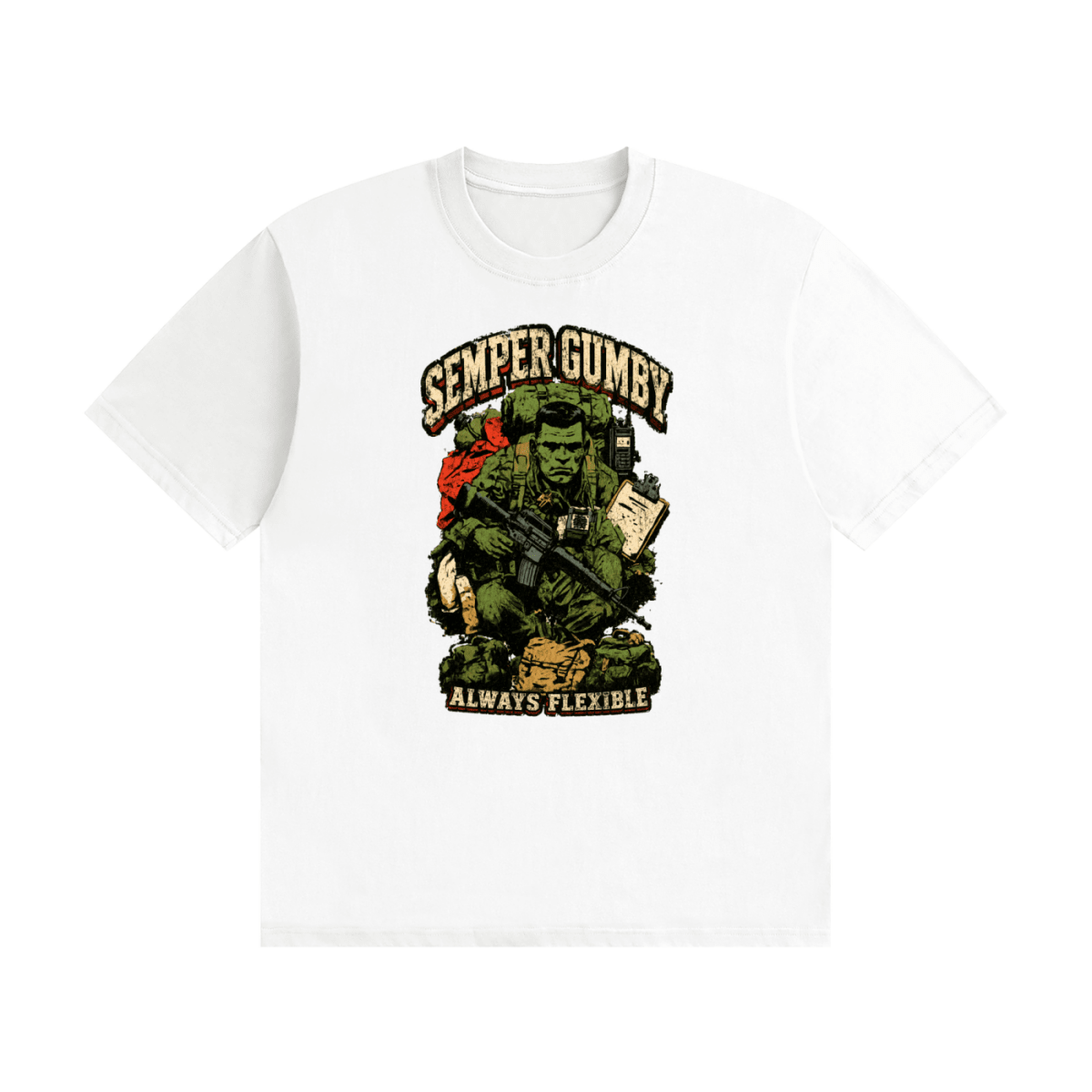 White cotton T-shirt, front view with a green soldier, military gear and Semper Gumby Always Flexible lettering.