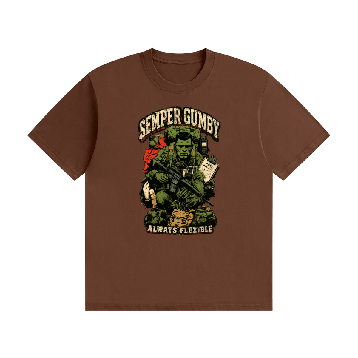 Brown cotton T-shirt, front view with a green soldier, military gear and Semper Gumby Always Flexible lettering.