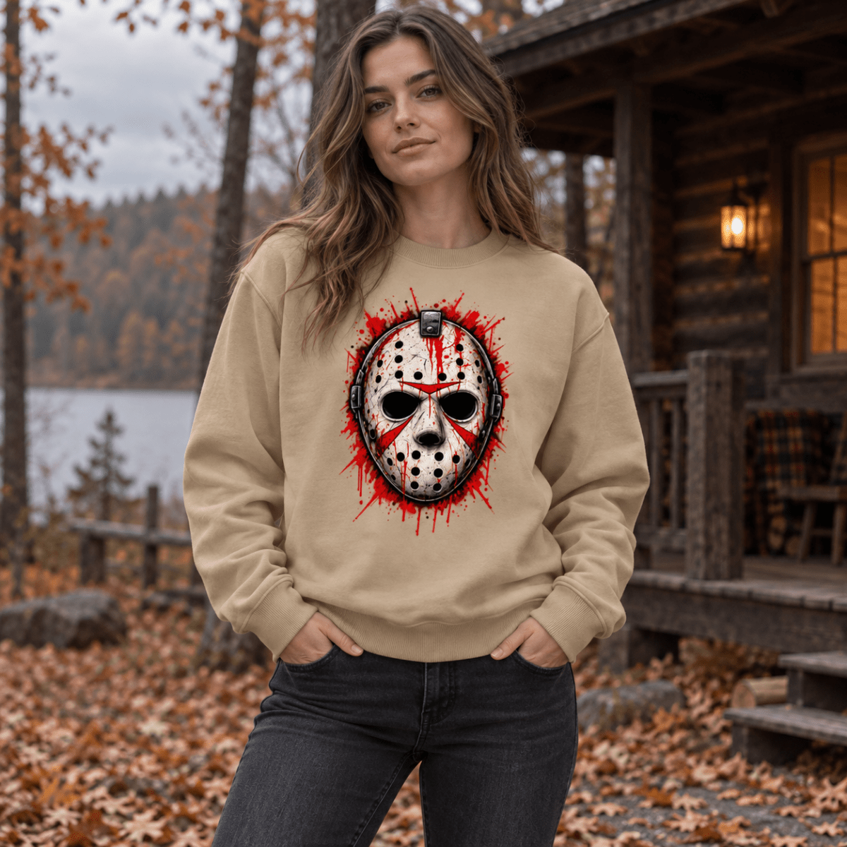 Splattered Hockey Mask Horror Loose Crewneck Sweatshirt - Shirt Habit