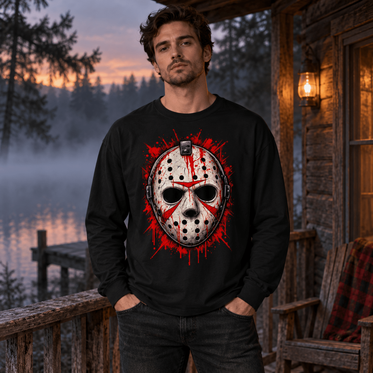 Splattered Hockey Mask Horror Oversized Long Sleeve T-Shirt - Shirt Habit