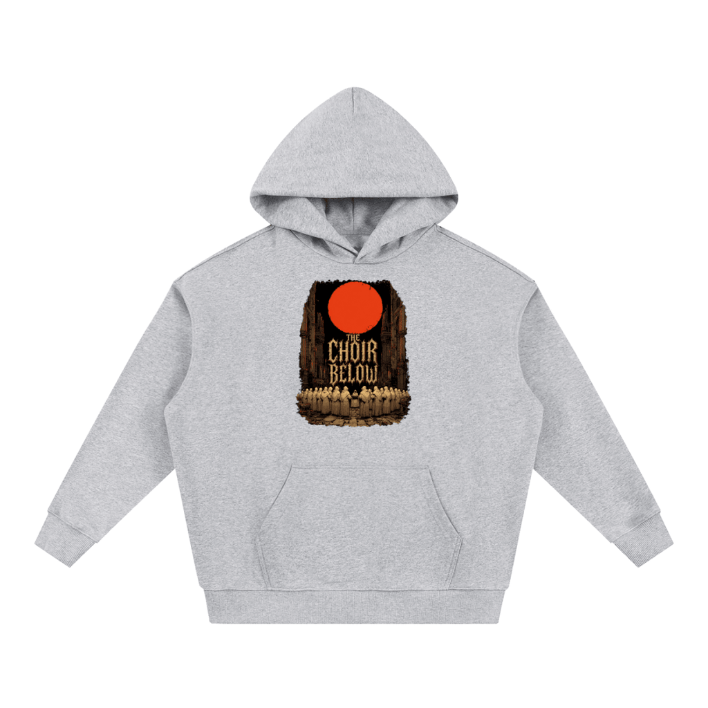 Heather gray heavyweight hoodie, front view with hooded figures beneath a red moon and The Choir Below lettering.