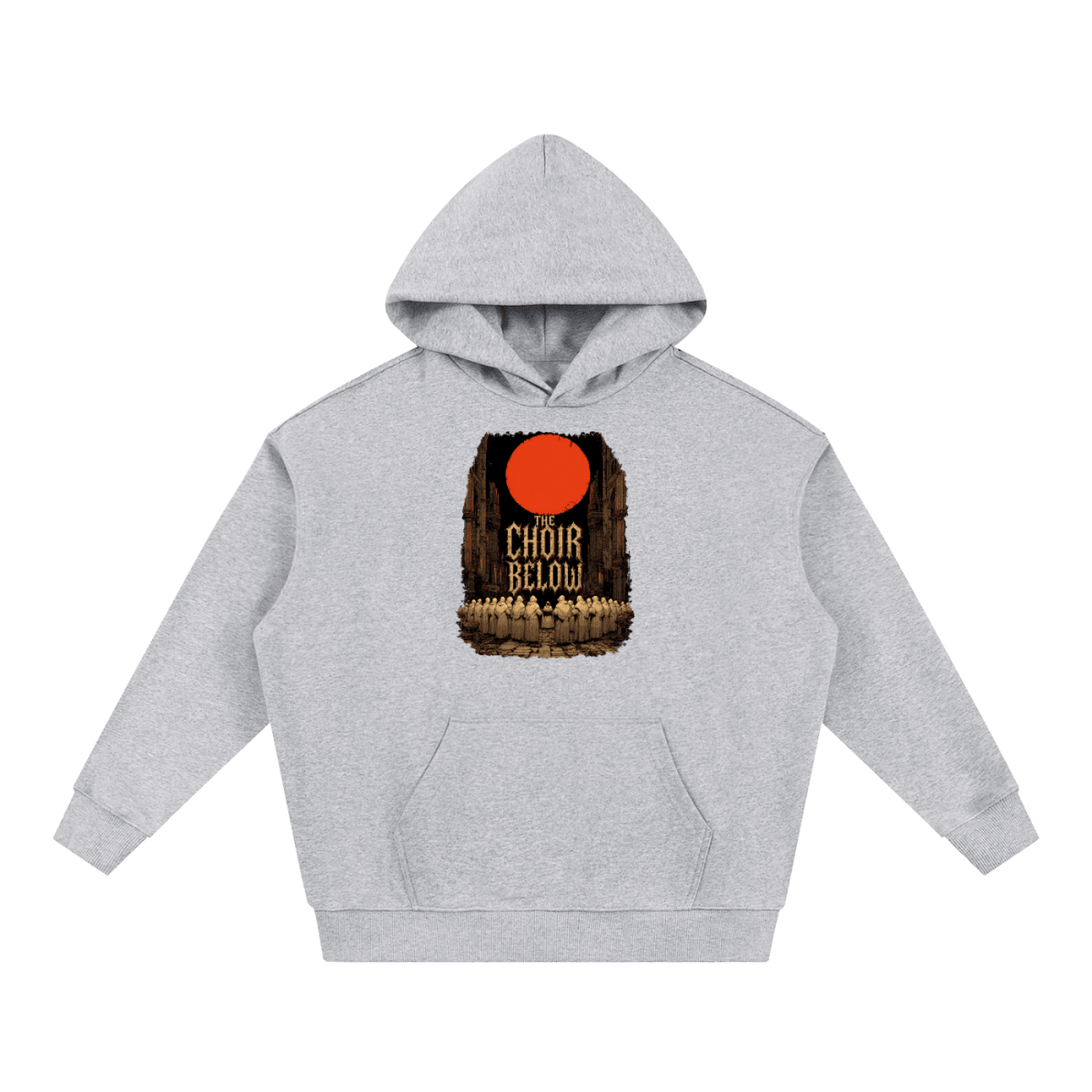 Heather gray heavyweight hoodie, front view with hooded figures beneath a red moon and The Choir Below lettering.