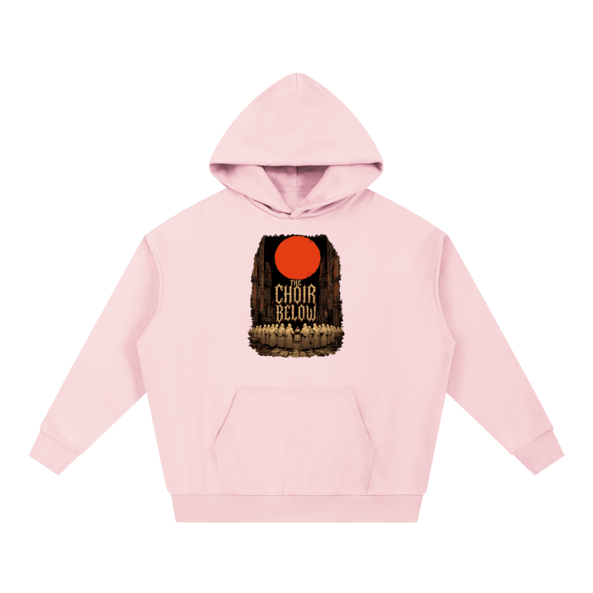 Pink heavyweight hoodie, front view with hooded figures beneath a red moon and The Choir Below lettering.