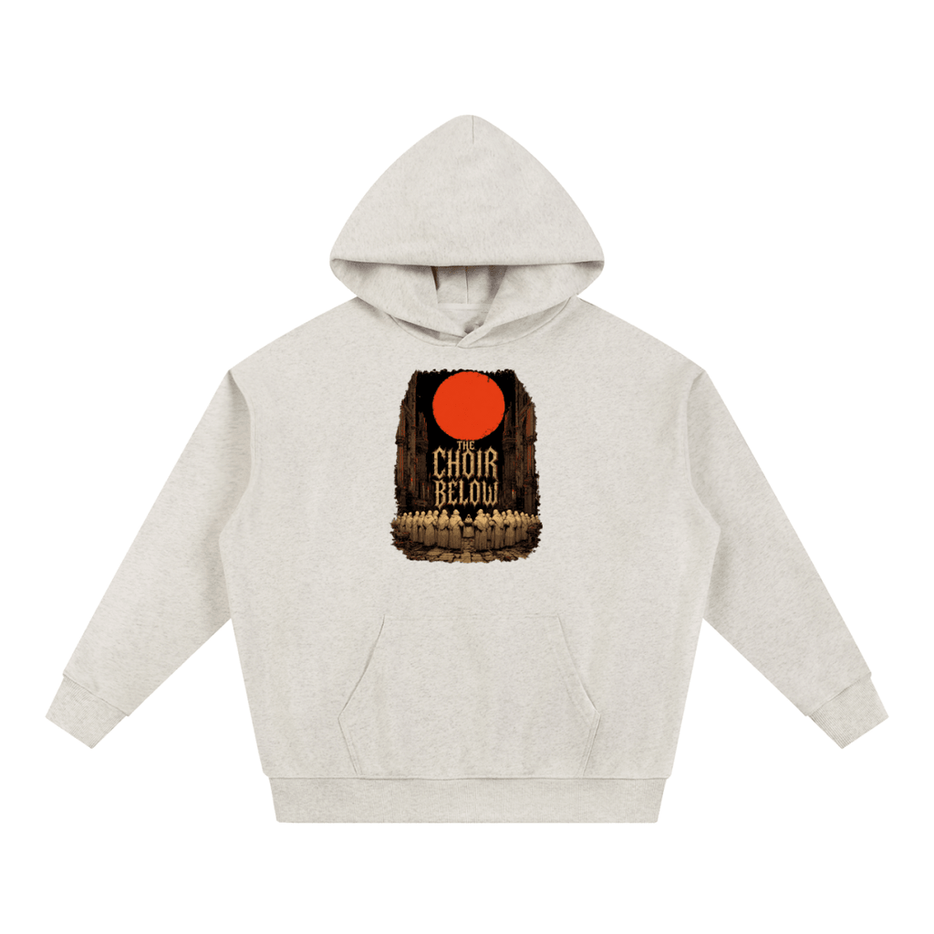 Oatmeal heavyweight hoodie, front view with hooded figures beneath a red moon and The Choir Below lettering.
