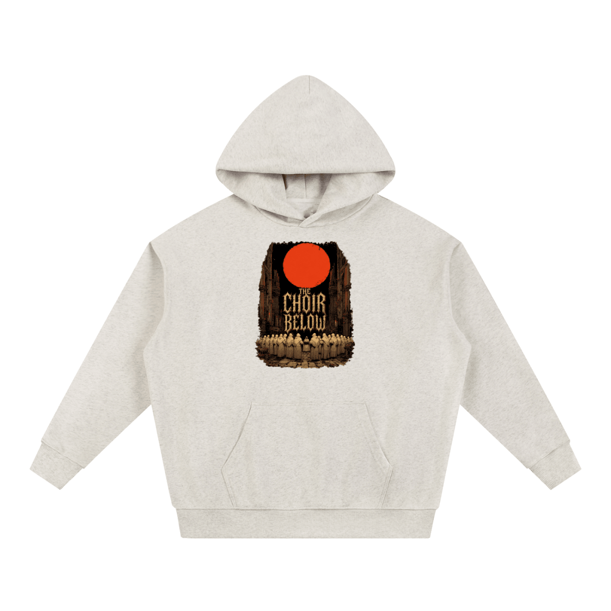 Oatmeal heavyweight hoodie, front view with hooded figures beneath a red moon and The Choir Below lettering.