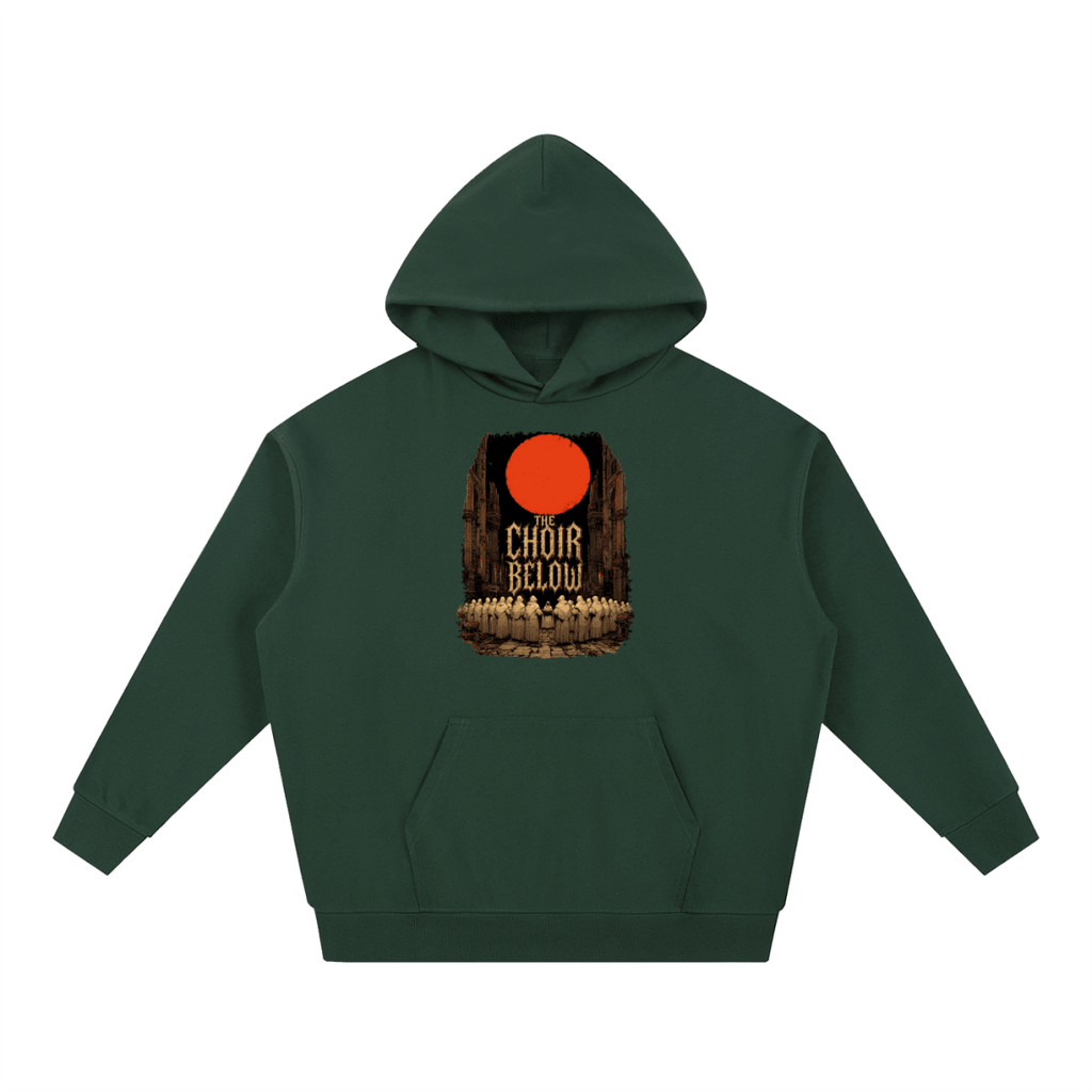 Forest green heavyweight hoodie, front view with hooded figures beneath a red moon and The Choir Below lettering.